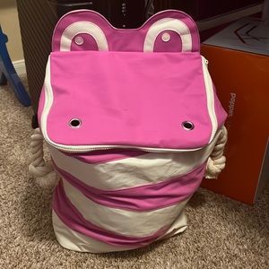 23”x13”x8” P’kolino pink and white storage bin. It is soft sided and super cute!